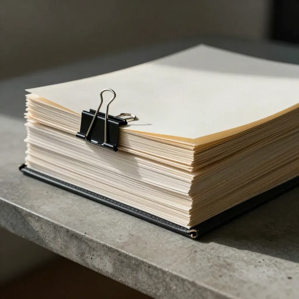 Clipped legal files, basalt paperweight and leather folio on concrete in soft daylight.