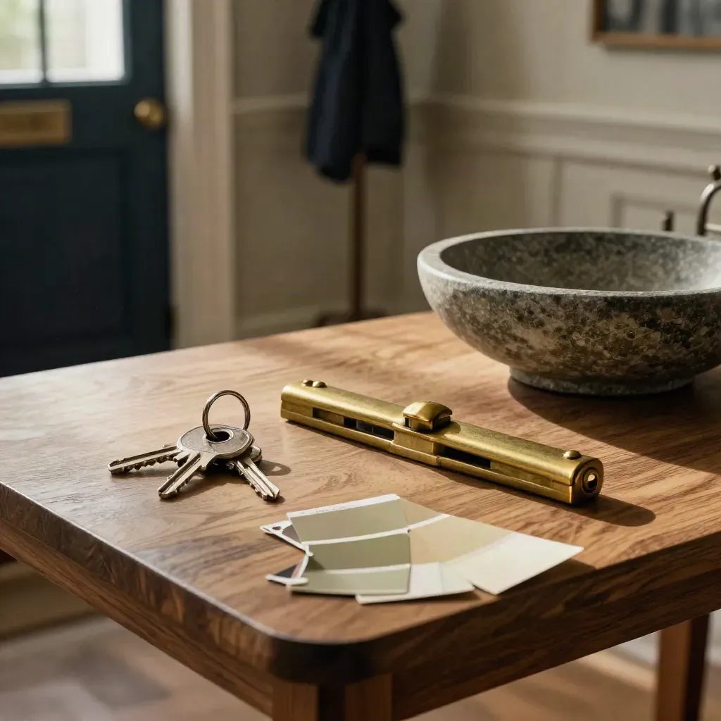 Hall table with keys, brass latch, paint sample strip and stone bowl in soft daylight.