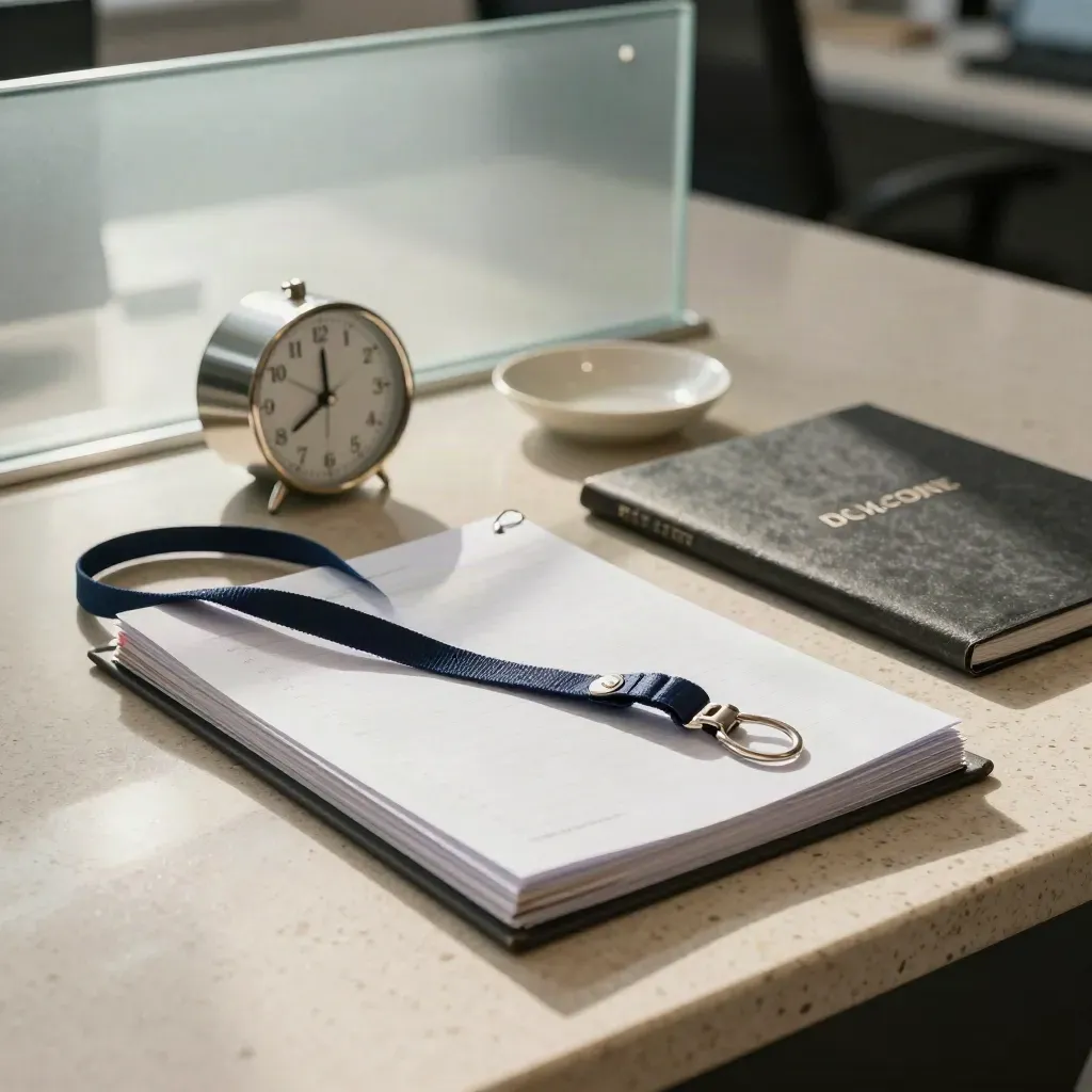 HR desk with binder, lanyard, clock and ceramic dish on travertine by a morning window