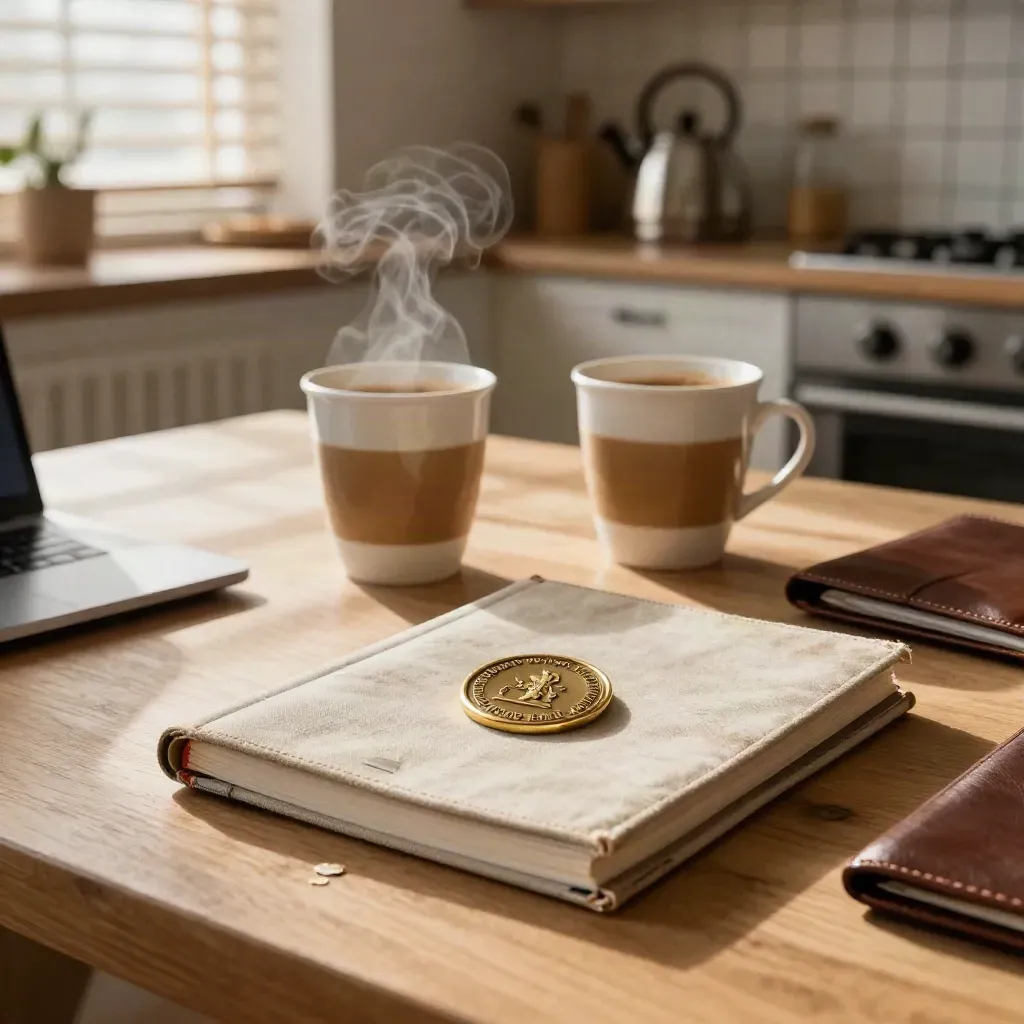 Steaming coffee cups and a brass company seal beside a closed notebook and shut laptop on a kitchen table.