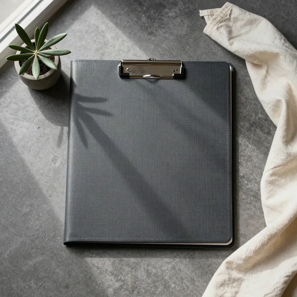 Overhead flatlay of a charcoal file folder, olive plant and cream cloth on slate stone.