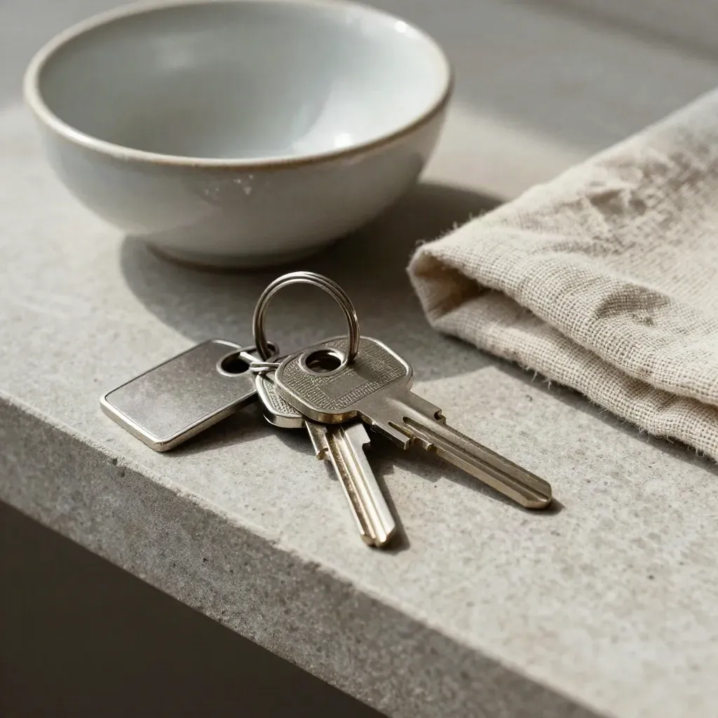 House keys, key tag, ceramic bowl and folded linen on a stone shelf